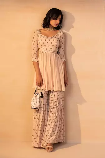 Off white printed and embroidered gharara set