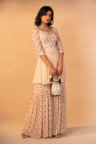 Off white printed and embroidered gharara set