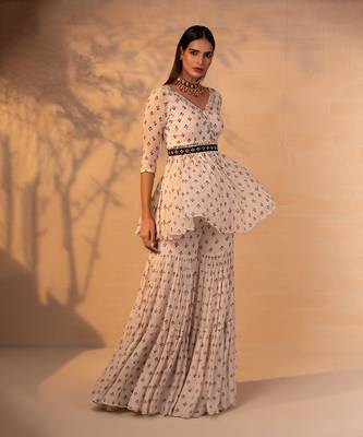 Off white printed and embroidered gharara set 1