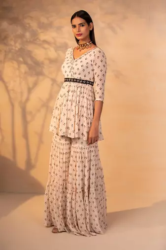 Off white printed and embroidered gharara set