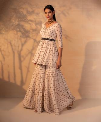 Off white printed and embroidered gharara set 3