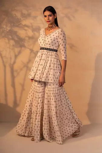 Off white printed and embroidered gharara set