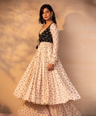 Off white and black jacket anarkali sharara set 1