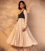 Off white and black jacket anarkali sharara set