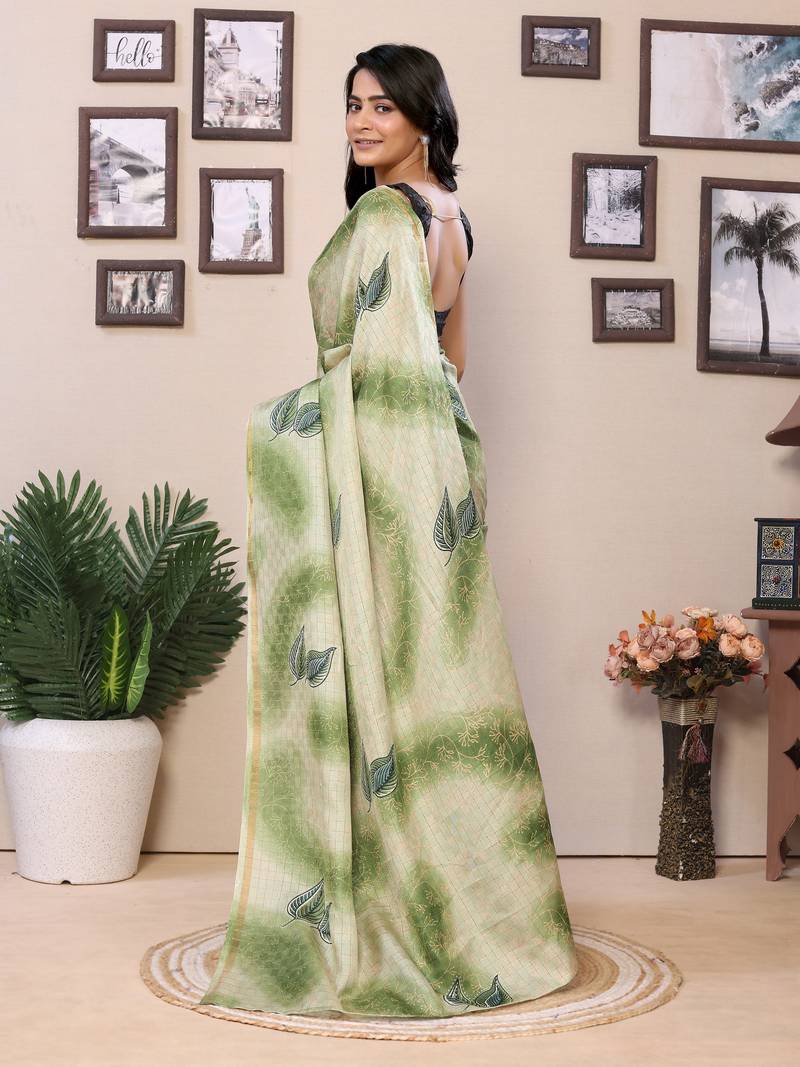 Ready To Wear Green Silk Saree With woven And Printed Saree With Blouse
