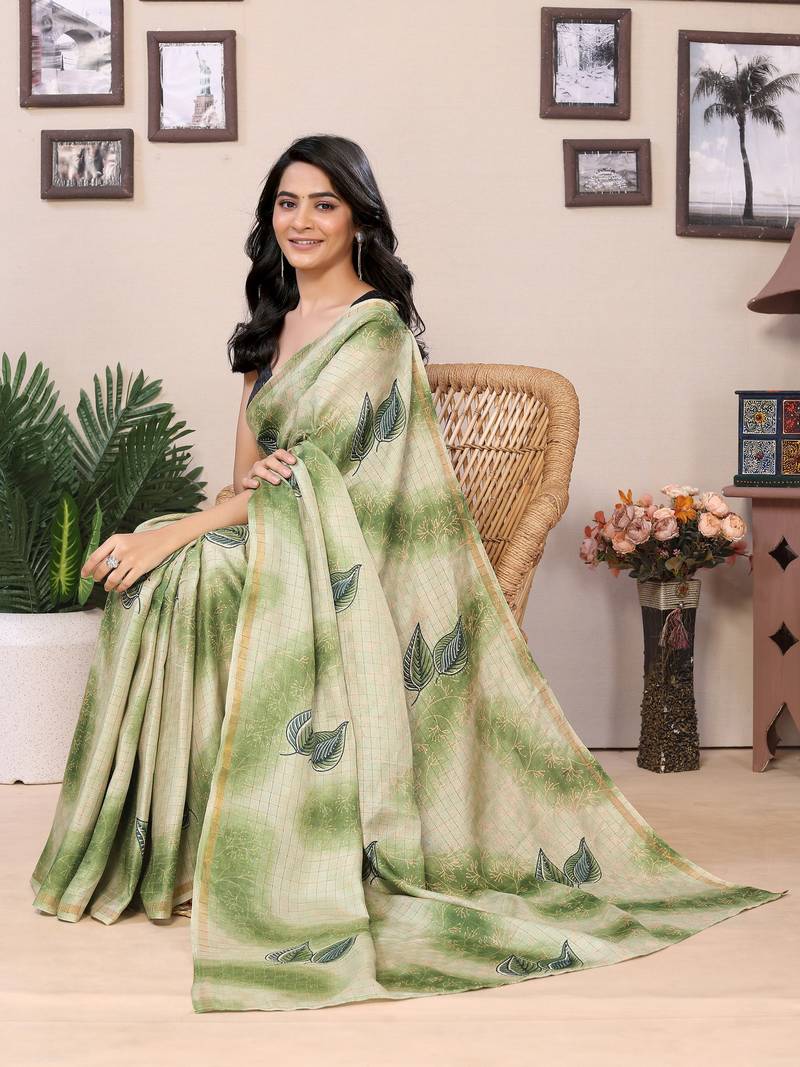 Ready To Wear Green Silk Saree With woven And Printed Saree With Blouse