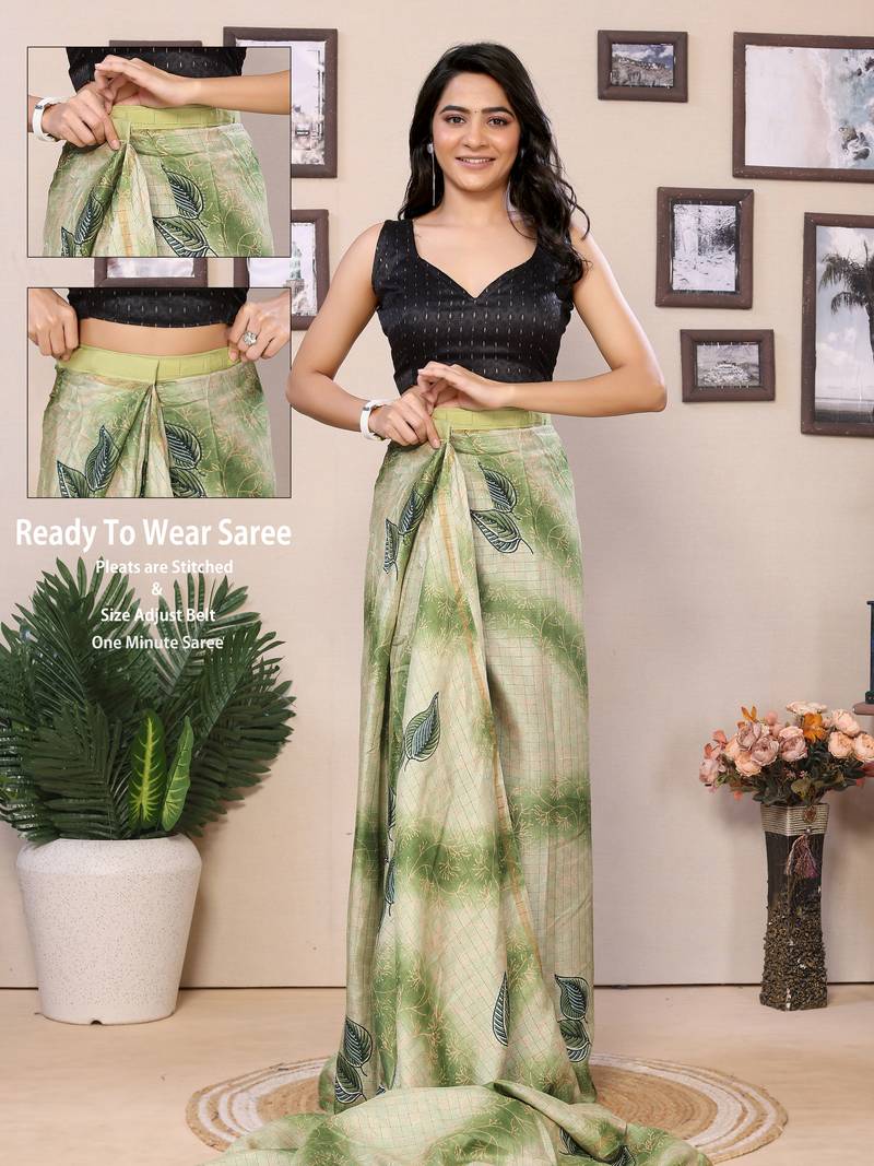 Ready To Wear Green Silk Saree With woven And Printed Saree With Blouse