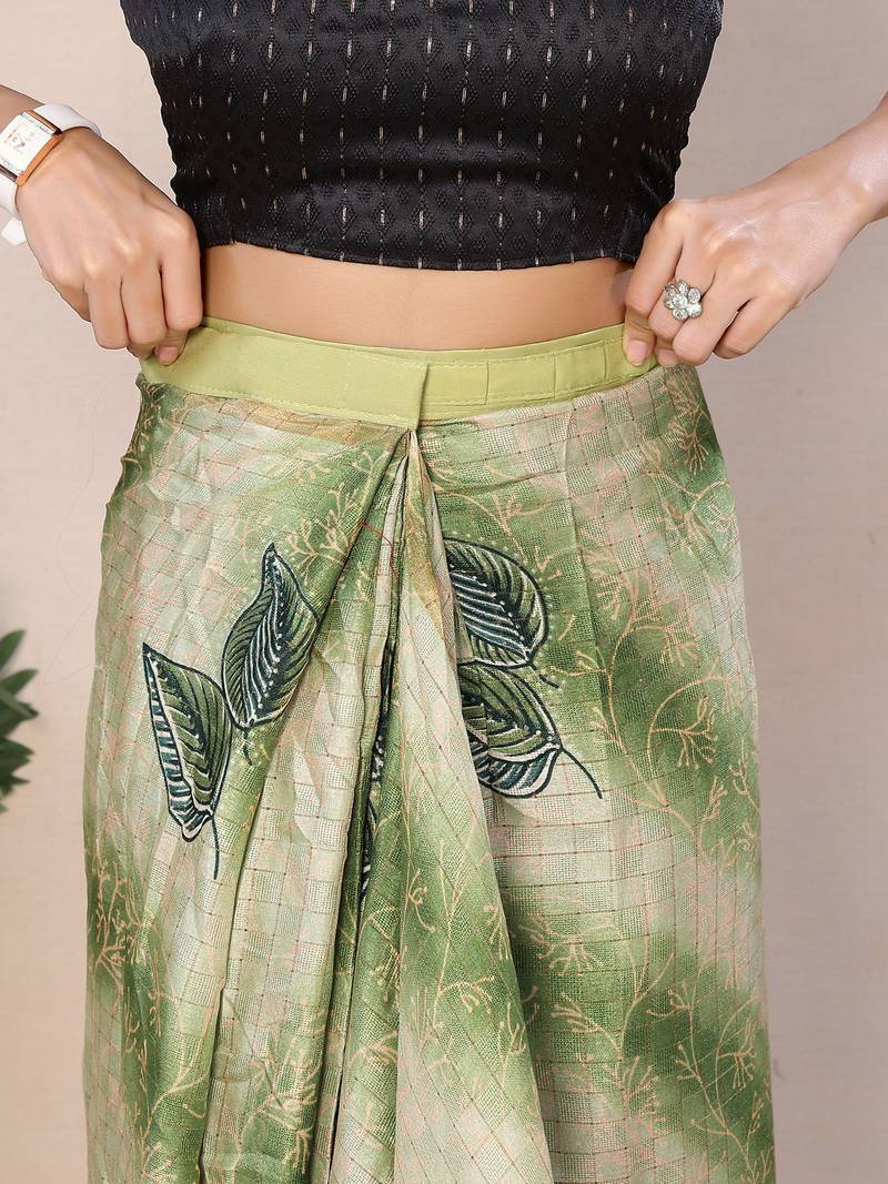 Ready To Wear Green Silk Saree With woven And Printed Saree With Blouse