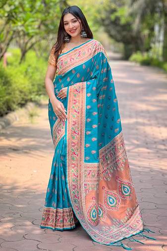 Blue woven paithani silk women's saree with blouse piece