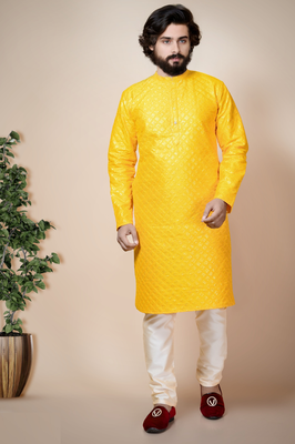 Nfc creation embroidery & sequins work dupion silk kurta and pajama set for men 1
