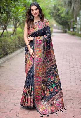 Black woven pashmina silk blend saree with blouse piece 2