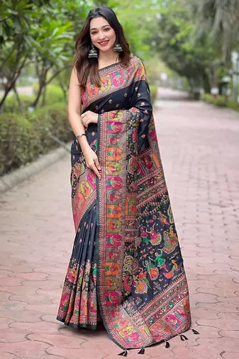 Black woven pashmina silk blend saree with blouse piece