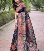 Black woven pashmina silk blend saree with blouse piece