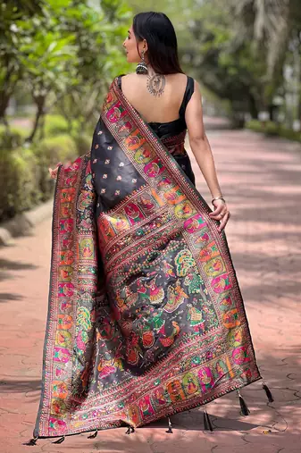 Black woven pashmina silk blend saree with blouse piece