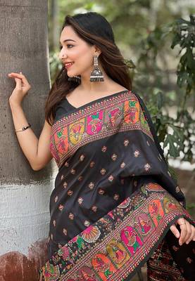 Black woven pashmina silk blend saree with blouse piece 4