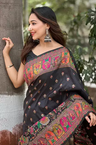 Black woven pashmina silk blend saree with blouse piece