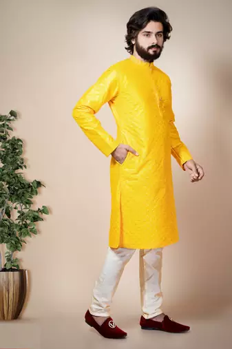 Nfc creation embroidery & sequins work dupion silk kurta and pajama set for men