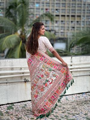White woven pashmina silk blend saree with blouse piece 2