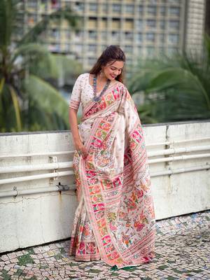 White woven pashmina silk blend saree with blouse piece 1