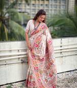 White woven pashmina silk blend saree with blouse piece