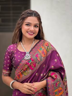Purple woven pashmina silk women's saree with blouse piece 3