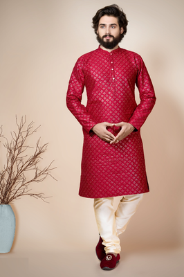 embroidery & sequins work dupion silk kurta and pajama set for men 1