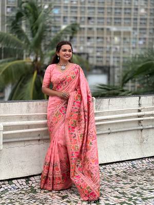 Pink woven pashmina silk women's saree with blouse piece 2