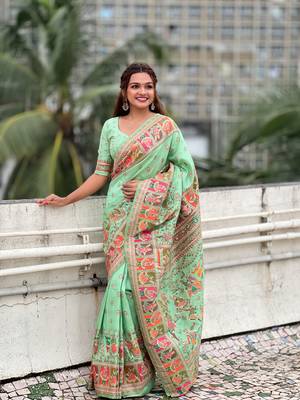 Light green woven pashmina silk women's saree with blouse piece 2