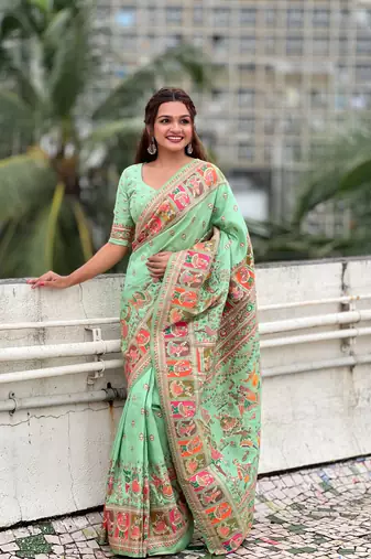 Light green woven pashmina silk women's saree with blouse piece