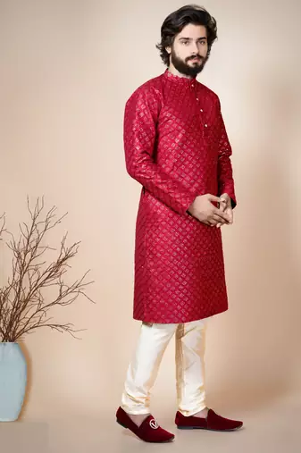 embroidery & sequins work dupion silk kurta and pajama set for men