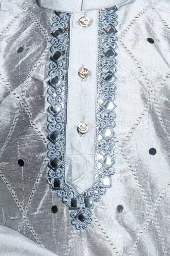 Nfc creation embroidery & mirror work grey dupion silk kurta and patiyala set for boys