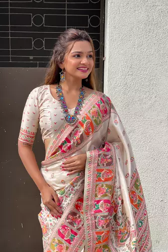 White woven pashmina silk blend saree with blouse piece