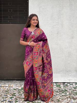 Purple woven pashmina silk women's saree with blouse piece 5
