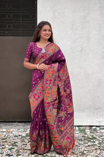 Purple woven pashmina silk women's saree with blouse piece