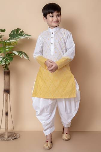 Nfc creation embroidery work yellow cotton kurta and patiyala set for boys