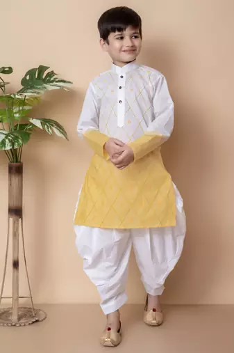 Nfc creation embroidery work yellow cotton kurta and patiyala set for boys