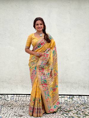 Yellow woven pashmina silk women's saree with blouse piece 1