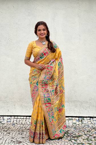 Yellow woven pashmina silk women's saree with blouse piece