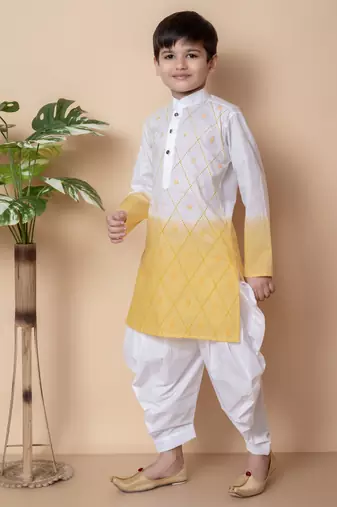 embroidery work yellow cotton kurta and patiyala set for boys