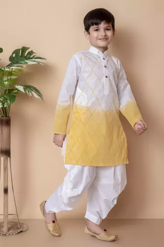 embroidery work yellow cotton kurta and patiyala set for boys