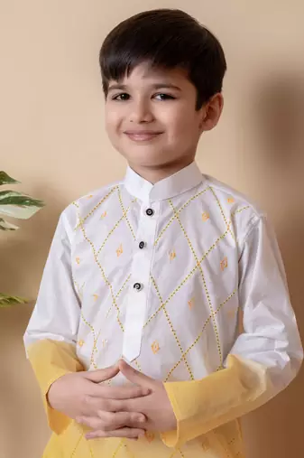 embroidery work yellow cotton kurta and patiyala set for boys