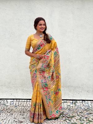 Yellow woven pashmina silk women's saree with blouse piece 4