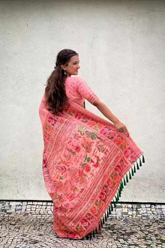 Pink woven pashmina silk women's saree with blouse piece