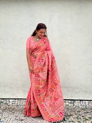 Pink woven pashmina silk women's saree with blouse piece 1