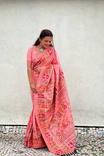 Pink woven pashmina silk women's saree with blouse piece