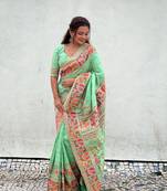 Light green woven pashmina silk women's saree with blouse piece