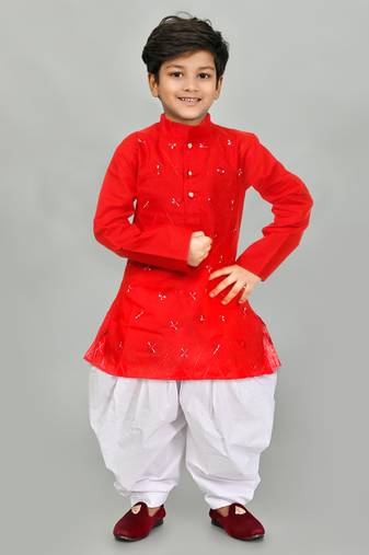Red cotton boys kurta pyjama
