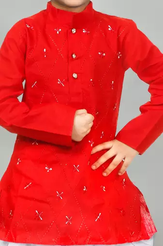 Red cotton boys kurta pyjama