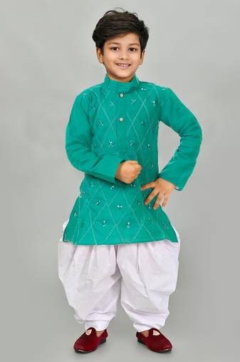 Green cotton boys kurta pyjama