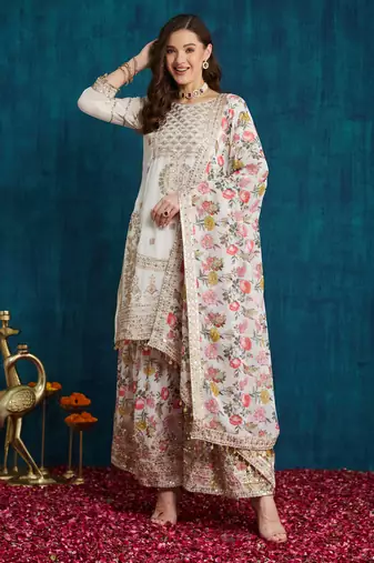 white georgette sharara set with zari sequence work